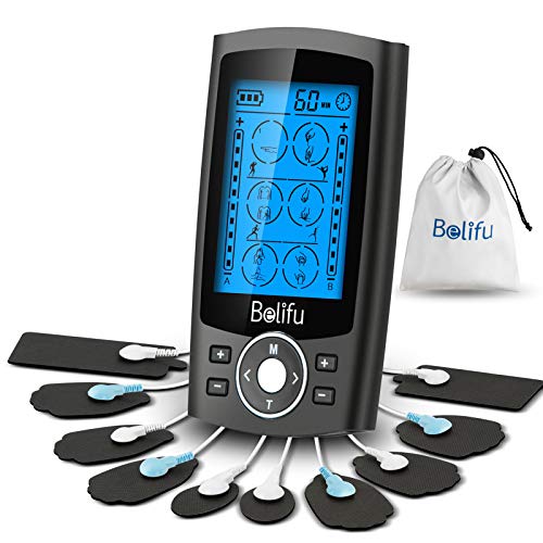 Belifu Dual Channel TENS EMS Unit 24 Modes Muscle Stimulator for Pain Relief Therapy, Electronic Pulse Massager Muscle Massager with 10 Pads, Dust-Proof Drawstring Storage BagFastening Cable Ties