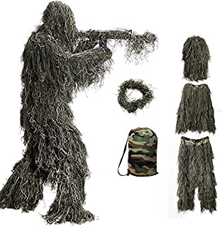 Ghillie Suit, 3D Camouflage Hunting Apparel 5-Piece Including Jacket, Pants, Hood, Rifle Wrap, Bag, Camouflage Camo Tactical Hunting Forest Woodland Ghillie Suit for Jungle Hunting, Shooting, Airsoft