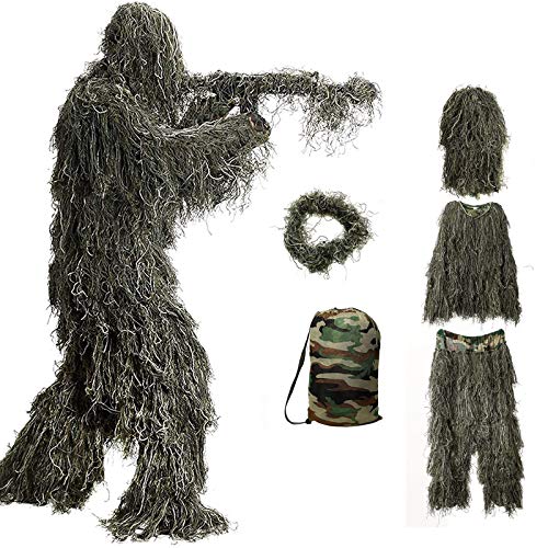 Ghillie Suit, 3D Camouflage Hunting Apparel 5-Piece Including Jacket, Pants, Hood, Rifle Wrap, Bag, Camouflage Camo Tactical Hunting Forest Woodland Ghillie Suit for Jungle Hunting, Shooting, Airsoft