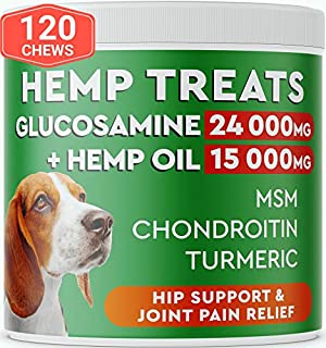 Pawfectchow Hemp + Glucosamine Treats for Dogs - Made in USA Hip & Joint Supplement w/Hemp Oil Chondroitin MSM Turmeric - Natural Pain Relief - All Breeds Sizes - 120 Soft Chews