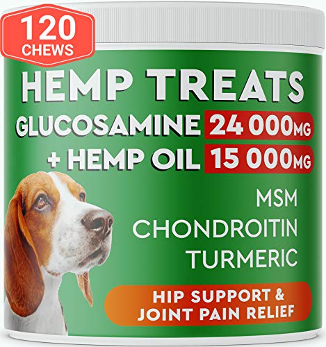 Pawfectchow Hemp + Glucosamine Treats for Dogs - Made in USA Hip & Joint Supplement w/Hemp Oil Chondroitin MSM Turmeric - Natural Pain Relief - All Breeds Sizes - 120 Soft Chews