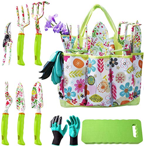 NAYE Garden Tool Set,Gardening Gifts for Women,Heavy Duty Tool Kit with Gardening Gloves,Garden Tote,Kneeling Pad,Hand Pruner,Trowel,Hand Rake,Weeder,Fork,Transplanter