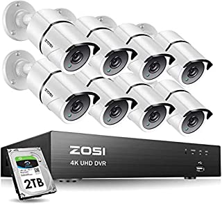 ZOSI 8CH 4K Ultra HD Security Cameras System with 2TB Hard Drive, 8 Channel H.265+ 4K Video DVR Recorder, 8 x 4K (8MP) IP67 Bullet Weatherproof Surveillance Cameras, Motion Alert, 150ft Night Vision