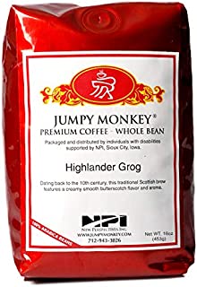 Jumpy Monkey® Coffee Highlander Grog Butterscotch Blend - Medium Roast, Flavored Coffee, 100% Arabica, Whole Bean Coffee, For Cold Brew, French Press, 16 Ounce Bag