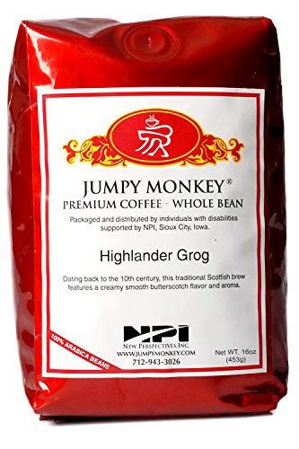 Jumpy Monkey® Coffee Highlander Grog Butterscotch Blend - Medium Roast, Flavored Coffee, 100% Arabica, Whole Bean Coffee, For Cold Brew, French Press, 16 Ounce Bag