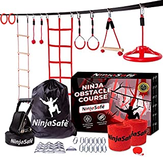 Ninja Warrior Obstacle Course for Kids Girls Boys - 50 Ultra-Durable Slackline Kit with 10 Obstacles - Monkey Bar - Ninja Wheel - Climbing Net & Ladder - Playset Equipment for Outdoors and Backyard