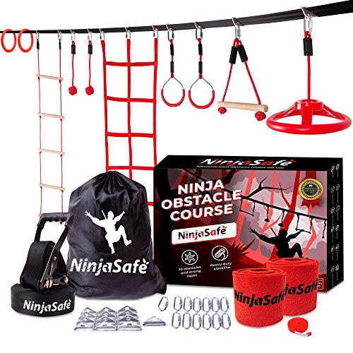 Ninja Warrior Obstacle Course for Kids Girls Boys - 50 Ultra-Durable Slackline Kit with 10 Obstacles - Monkey Bar - Ninja Wheel - Climbing Net & Ladder - Playset Equipment for Outdoors and Backyard