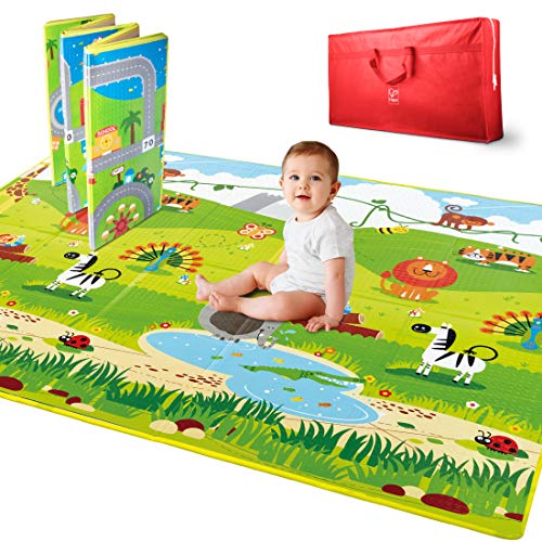 Hape E8372 5 x 5-Foot Large 2 Sided Reversible Town & Jungle Baby Activity Foam Foldable Play Mat