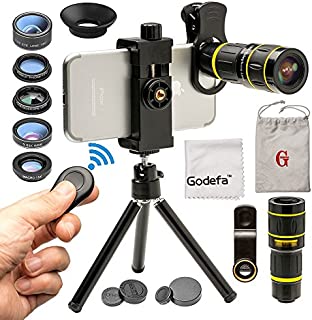 Godefa Cell Phone Camera Lens with Tripod+ Shutter Remote,6 in 1 18x Telephoto Zoom Lens/Wide Angle/Macro/Fisheye/Kaleidoscope/CPL, Clip-On lense Compatible for iPhone X 8 7 6s Plus, Samsung and More