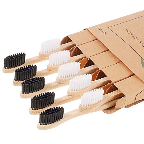 Biodegradable Bamboo Toothbrushes, 10 Piece BPA Free Soft Bristles Toothbrushes, Natural, Eco-Friendly, Green and Compostable