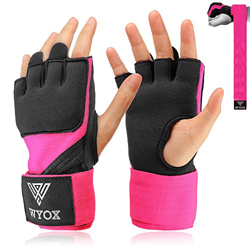 Hand Wraps Boxing Inner Gloves - Gel Elasticated Padded Bandages Mitts Long Wrist Support for MMA Muay Thai Kickboxing Martial Arts Training | Fist Protector (Pink, S / M)