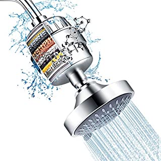 Shower Head and 15 Stage Shower Filter Combo, FEELSO High Pressure 5 Spray Settings Filtered Showerhead with Water Softener Filter Cartridge for Hard Water Remove Chlorine and Harmful Substances