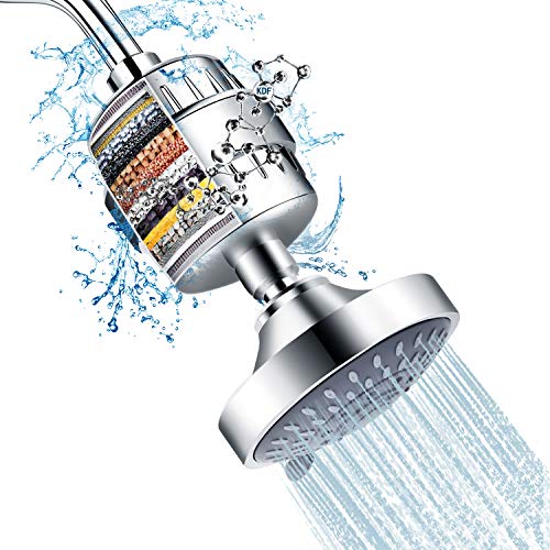 Shower Head and 15 Stage Shower Filter Combo, FEELSO High Pressure 5 Spray Settings Filtered Showerhead with Water Softener Filter Cartridge for Hard Water Remove Chlorine and Harmful Substances