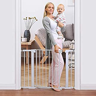 Cumbor 40.6 Auto Close Safety Baby Gate, Durable Extra Wide Child Gate for Stairs,Doorways, Easy Walk Thru Dog Gate for House. Includes 4 Wall Cups, 2.75-Inch and 5.5-Inch Extension, White