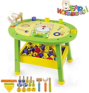 Arkmiido Kids Workbench Wooden Bear Master Workshop| Award Winning Kid's Wooden Tool Bench Toy Pretend Play Creative Building Set, Solid Wood Toy Workbench Includes Tool Building Set