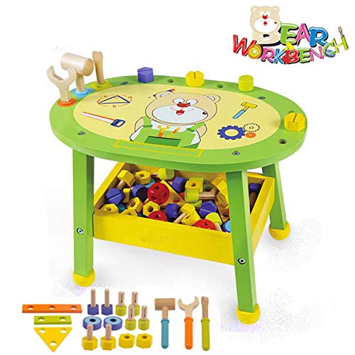 Arkmiido Kids Workbench Wooden Bear Master Workshop| Award Winning Kid's Wooden Tool Bench Toy Pretend Play Creative Building Set, Solid Wood Toy Workbench Includes Tool Building Set