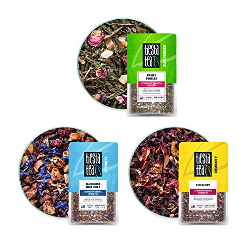 Tiesta Tea - Fruity Loose Leaf Tea Set, Strawberry Green Tea, Blueberry Fruit Tea & Hibiscus Fruit Tea, Medium Caffeine,1.6oz Pouches - 25 Cups Each