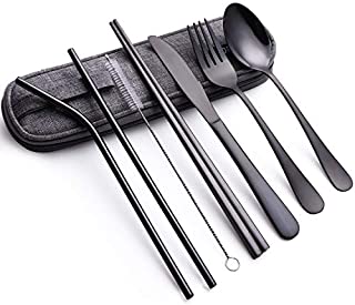 Portable Stainless Steel Flatware Set, Travel Camping Cutlery Set, Portable Utensil Travel Silverware Dinnerware Set with a Waterproof Case (8-Pieces Flatware Set Black)