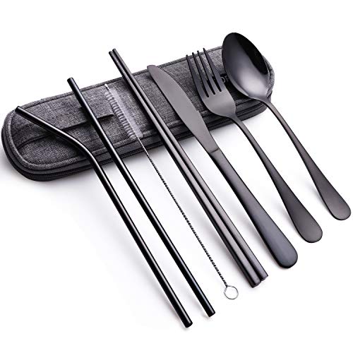 Portable Stainless Steel Flatware Set, Travel Camping Cutlery Set, Portable Utensil Travel Silverware Dinnerware Set with a Waterproof Case (8-Pieces Flatware Set Black)