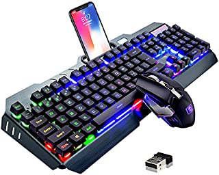 Wireless Keyboard and Mouse,Rainbow LED Backlit Rechargeable Keyboard Mouse with 3800mAh Battery Metal Panel,Mechanical Feel Keyboard and 7 Color Gaming Mute Mouse for Windows Computer GamersRainbow