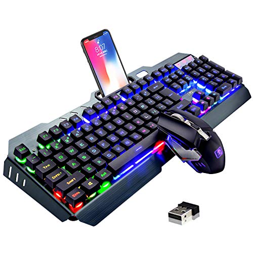 Wireless Keyboard and Mouse,Rainbow LED Backlit Rechargeable Keyboard Mouse with 3800mAh Battery Metal Panel,Mechanical Feel Keyboard and 7 Color Gaming Mute Mouse for Windows Computer GamersRainbow