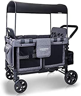 WONDERFOLD W4 4 Seater Multi-Function Quad Stroller Wagon with Removable Raised Seats and Slidable Canopy, Gray