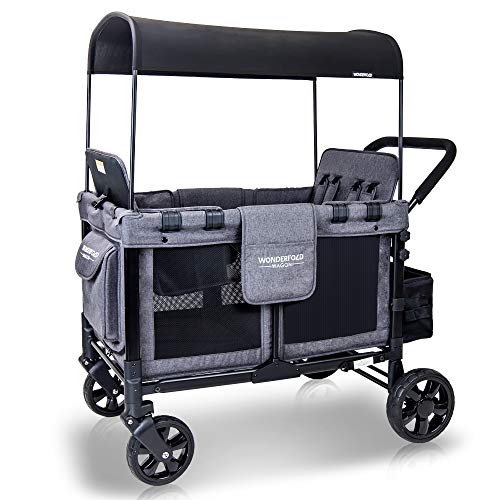 WONDERFOLD W4 4 Seater Multi-Function Quad Stroller Wagon with Removable Raised Seats and Slidable Canopy, Gray