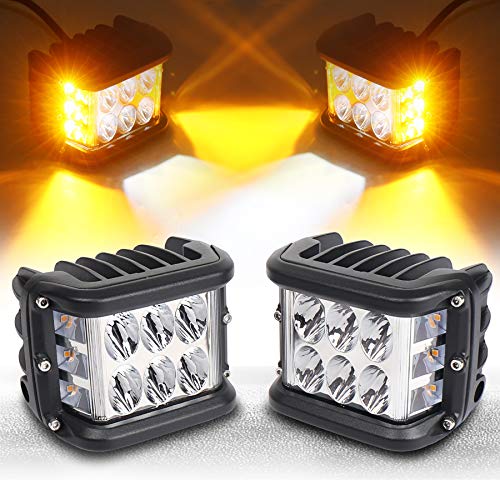 Side Shooter, LED Pods Light 4 inch Off Road Dual Side Yellow DRL with Flash Strobe Function Driving Flood Spot Cube Work Light Bar for Jeep Truck ATV Boat