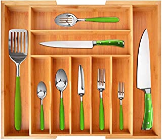 Bamboo Kitchen Drawer Organizer - Expandable Silverware Organizer/Utensil Holder and Cutlery Tray with Grooved Drawer Dividers for Flatware and Kitchen Utensils (9 Slots, Natural)