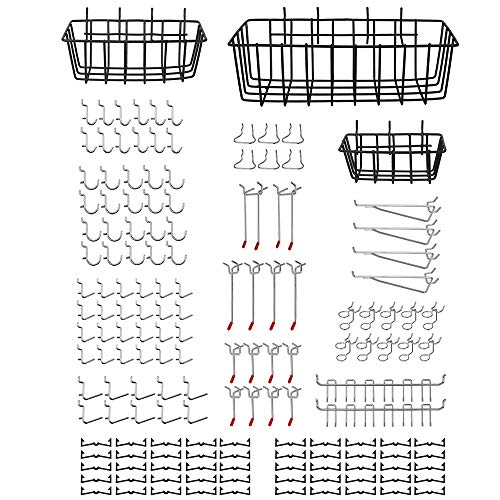 Tanice 102PCS Peg Board Hook Set with 3 Packs Pegboard Baskets Garage Organizer Bins Hanging Organize Tools for Garage Kitchen Craft Room