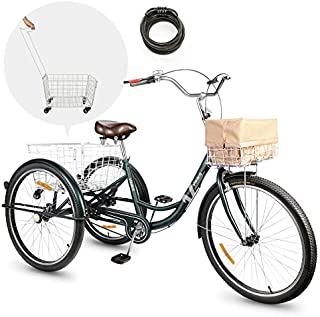 Viribus Adult Tricycle Three Wheel Trike Bike Single Speed Hybrid Cargo Cruiser with Removable Wheeled Basket for Shopping or Dogs Dustproof Bag Exercise Bike for Men Women Bicycle Bell (Green1, 24