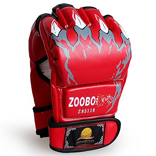 ZooBoo Punching Gloves, Half-Finger Boxing Gloves MMA Mitts with Wrist Band for Sanda Kickboxing Sparring Bag Training (One Size Fits Most)-Red