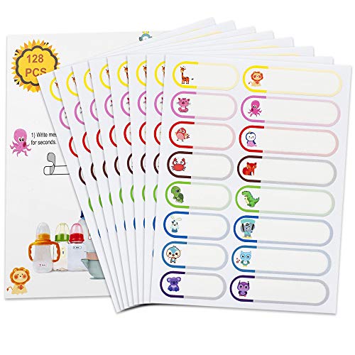 128pcs Waterproof Name Stickers for Kids, Baby Bottle Labels for Daycare, Self-Laminating Write-On Self-Adhesive Labels, School Name Tags, Food Labels Dishwasher Safe, Freezer Safe