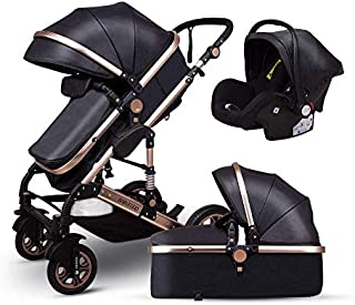 Anti-Shock Luxury Baby Stroller 3 in 1,Babyfond Convertible Bassinet to Toddler Stroller,Reinforced Frame for Safety,Vista Pram,Quick Fold Baby Carriage (Black-PU)