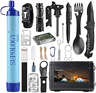 Gifts for Men Dad Husband, SUPOLOGY Emergency Kits Gear, 23-in-1 Cool Gadgets Tools with Water Filter for Camping, Hiking, Adventures, Backpack, Fishing, Hurricane (Upgrade Quality Box)