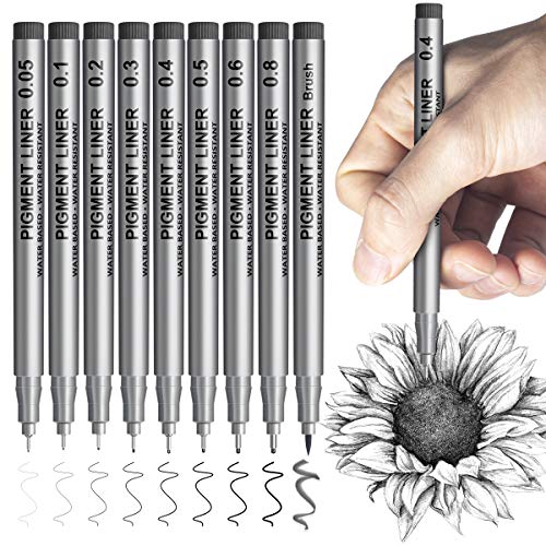 Fineliner Micro Pens Black Markers: Ink Art Pens for Artists Manga Outlining Sketching Drawing Coloring Doodling Writing Illustration Book- Waterproof Multiliner Marker Pen Drawing Pens Set of 9
