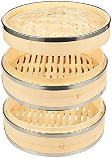 Juvale Bamboo Steamer Basket - 2-Tier Dim Sum Bamboo Steamer with Steel Rings for Cooking, 10 x 6.7 x 10 Inches