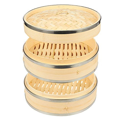 Juvale Bamboo Steamer Basket - 2-Tier Dim Sum Bamboo Steamer with Steel Rings for Cooking, 10 x 6.7 x 10 Inches