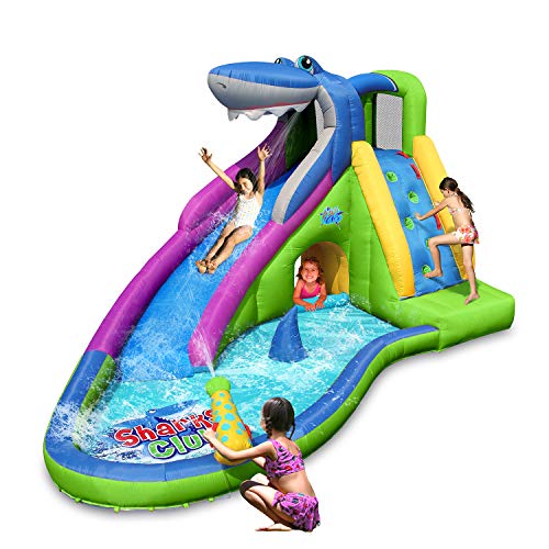 ACTION AIR Inflatable Waterslide, Shark Bounce House with Slide for Wet and Dry, Playground Sets for Backyards, Water Gun & Splash Pool, Durable Sewn with Extra Thick Material, Idea for Kids (9417N)