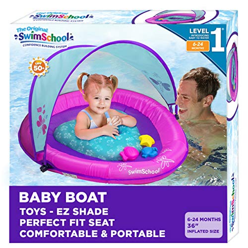 SwimSchool Infant Baby Pool Float with Splash & Play Activity Toys, Adjustable Sun Canopy, Perfect-Fit Safety Seat, Infant Baby Floatie, 6 - 24 Months, Pink/Aqua