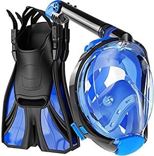 cozia design Snorkel Set Adult - Full Face Snorkel Mask and Adjustable Swim Fins for Lap Swimming, 180° Panoramic View Scuba Mask, Anti Fog and Anti Leak Snorkeling Gear, Extra Propulsion Flippers