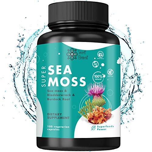 SECRET ELEMENT Irish Sea Moss Capsules - Organic Wild Crafted Irish Seamoss Pills (100 ct) - Vegetarian, Non-GMO Sea Moss and Bladderwrack with Burdock Root Capsules for Thyroid & Immune Support