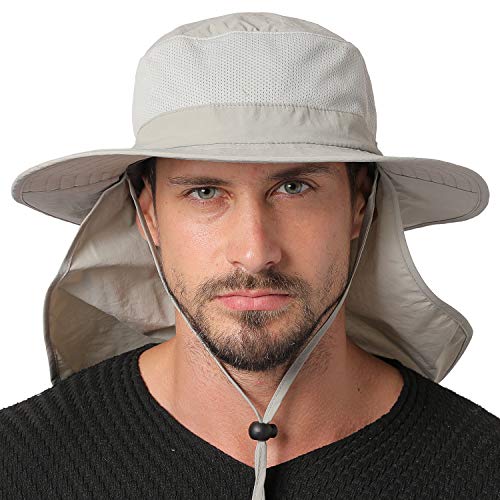 Jormatt Outdoor Fishing Sun Hat Waterproof UV Protection Wide Brim Sun Hat with Flap Neck Cover Mesh Breathable Foldable Safari Cap Unisex UPF 50+, Light Gray