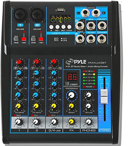 Pyle Professional Audio Mixer Sound Board Console System Interface 4 Channel Digital USB Bluetooth MP3 Computer Input 48V Phantom Power Stereo DJ Studio Streaming FX 16-Bit DSP processor-PMXU43BT