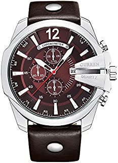 Curren Men Watches Top Brand Luxury Gold Male Fashion Leather Strap Outdoor Casual Sport Wristwatch with Big Dial (Silver Brown)