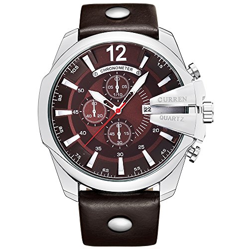 Curren Men Watches Top Brand Luxury Gold Male Fashion Leather Strap Outdoor Casual Sport Wristwatch with Big Dial (Silver Brown)