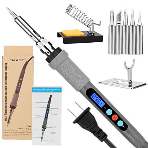 Welding Soldering Iron with Thermostatic Digital-Controlled and LCD Screen Display, 60 W Temperature Adjustable 180/356-480/896 with 5 PCS Soldering Bits, 2 Soldering Iron Stands & 1 Sponge