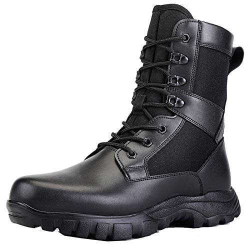 Mens Steel Toe Combat Tactical Military Boots, Ultralight High Top Leather Hunting Work Army Boots Side Zipper Hiking Boots,Black-42