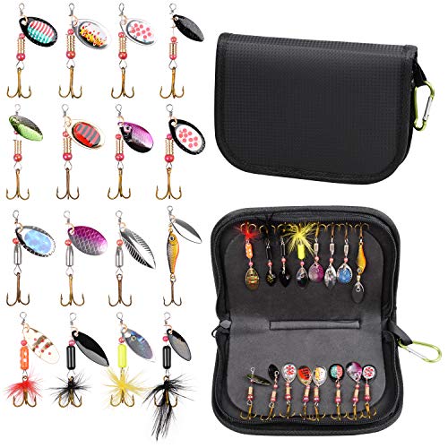 Fishing Lures for Bass, 16pcs Spinner Lures with Portable Carry Bag, Bass Lures Trout Lures Hard Metal Spinner Baits Kit