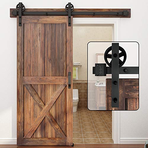 WINSOON 5-16FT Single Wood Sliding Barn Door Hardware Basic Black Big Spoke Wheel Roller Kit Garage Closet Carbon Steel Flat Track System (5FT)